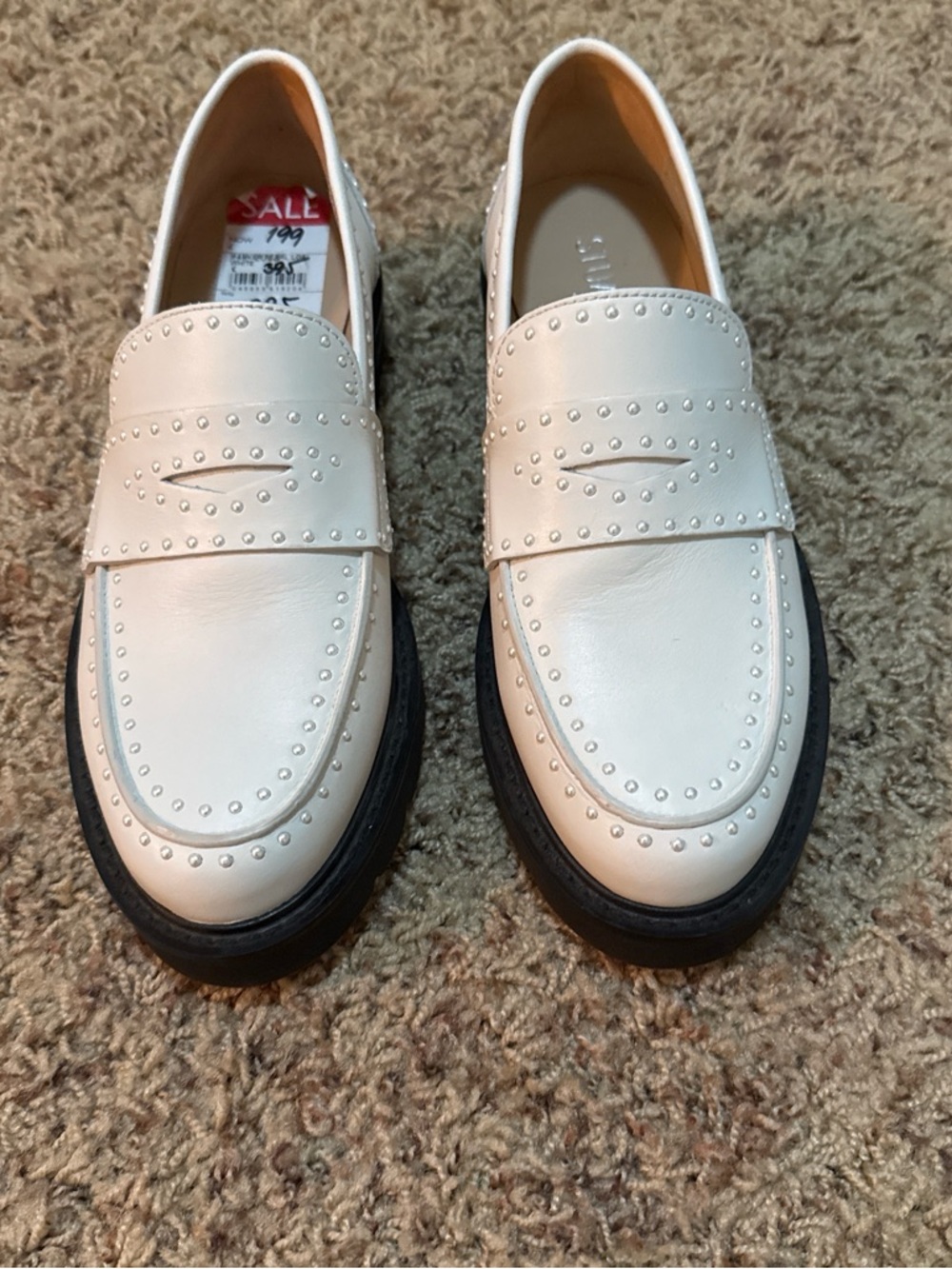 Stuart Weitzman White Studded Penny Loafers